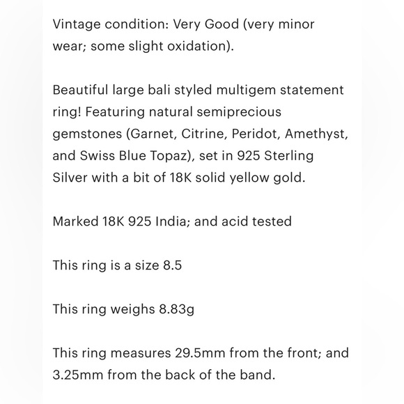 Sterling 18K Large Gemstone Ring, Bali Style Filigree Size 8.5 Rainbow Multigem - Picture 9 of 17